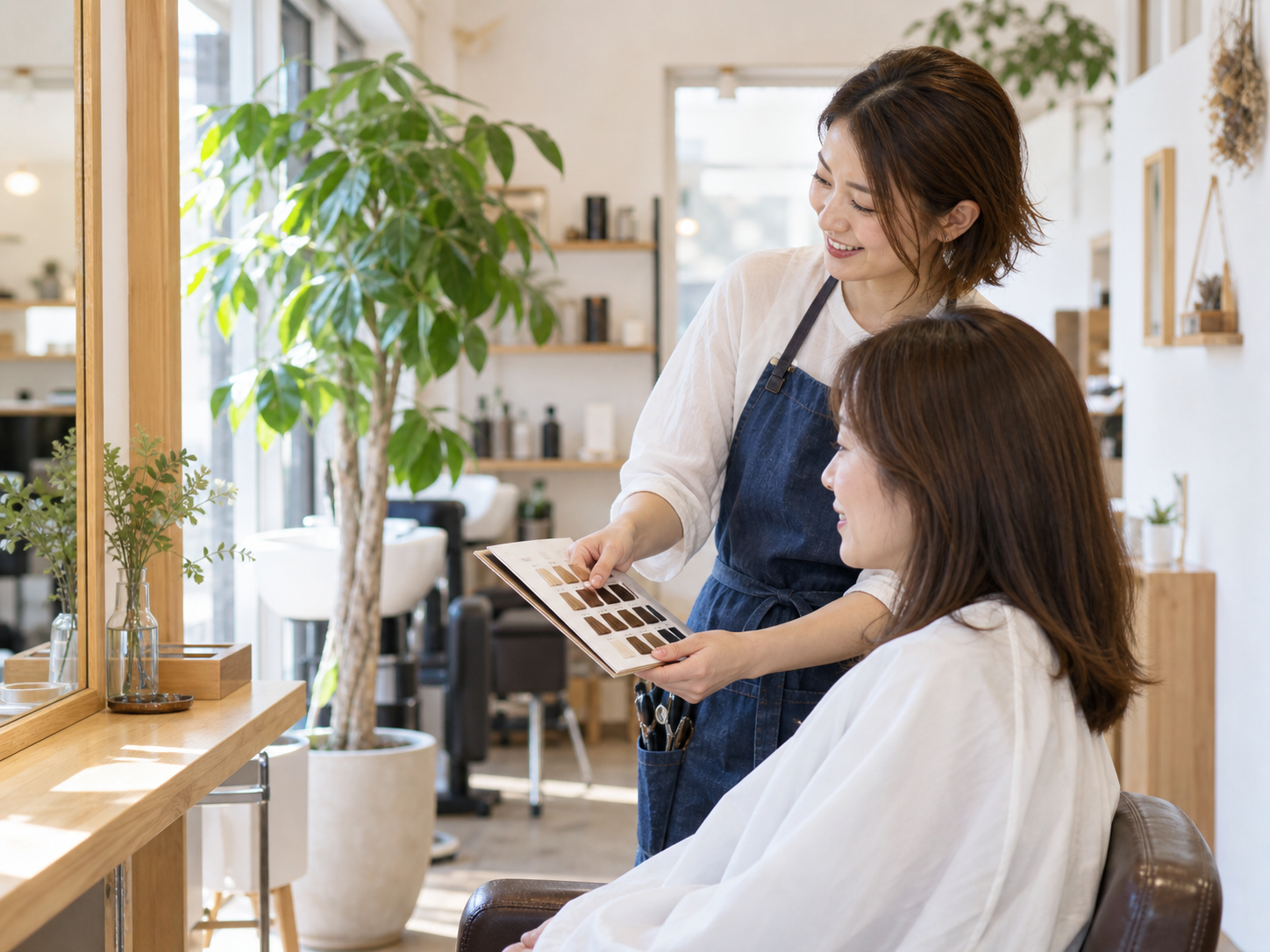 小さなサロンで、お客様と相談するオーナーのイメージ